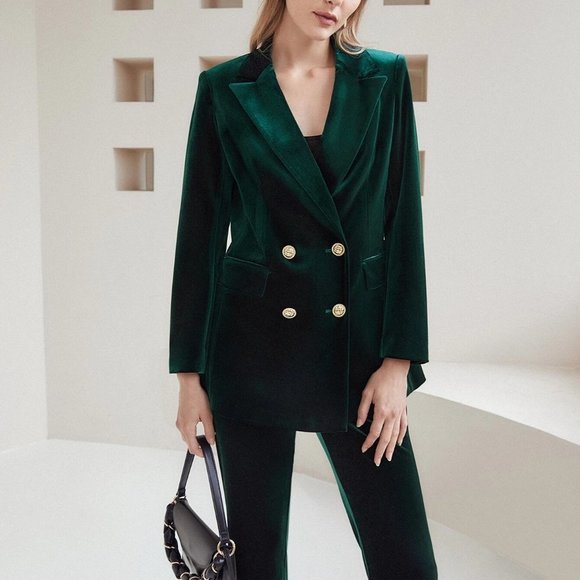 Classic Velvet Double Breasted Blazer Green - Picture 2 of 5